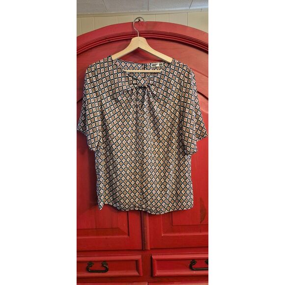 Pleione Large Bowtie Cutout Tan Navy Orange Geometric Pattern Blouse Shirt EUC - Picture 1 of 4